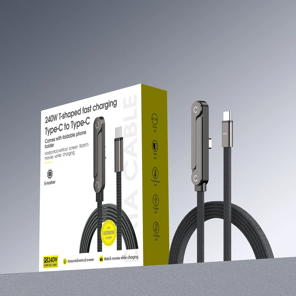 240W Fast Charging Type-C to Type-C Cable with Elbow Foldable Stand Phone Holder Compatible For iPhone 17/16/15 Samsung Zpaxo 1.5m C-C