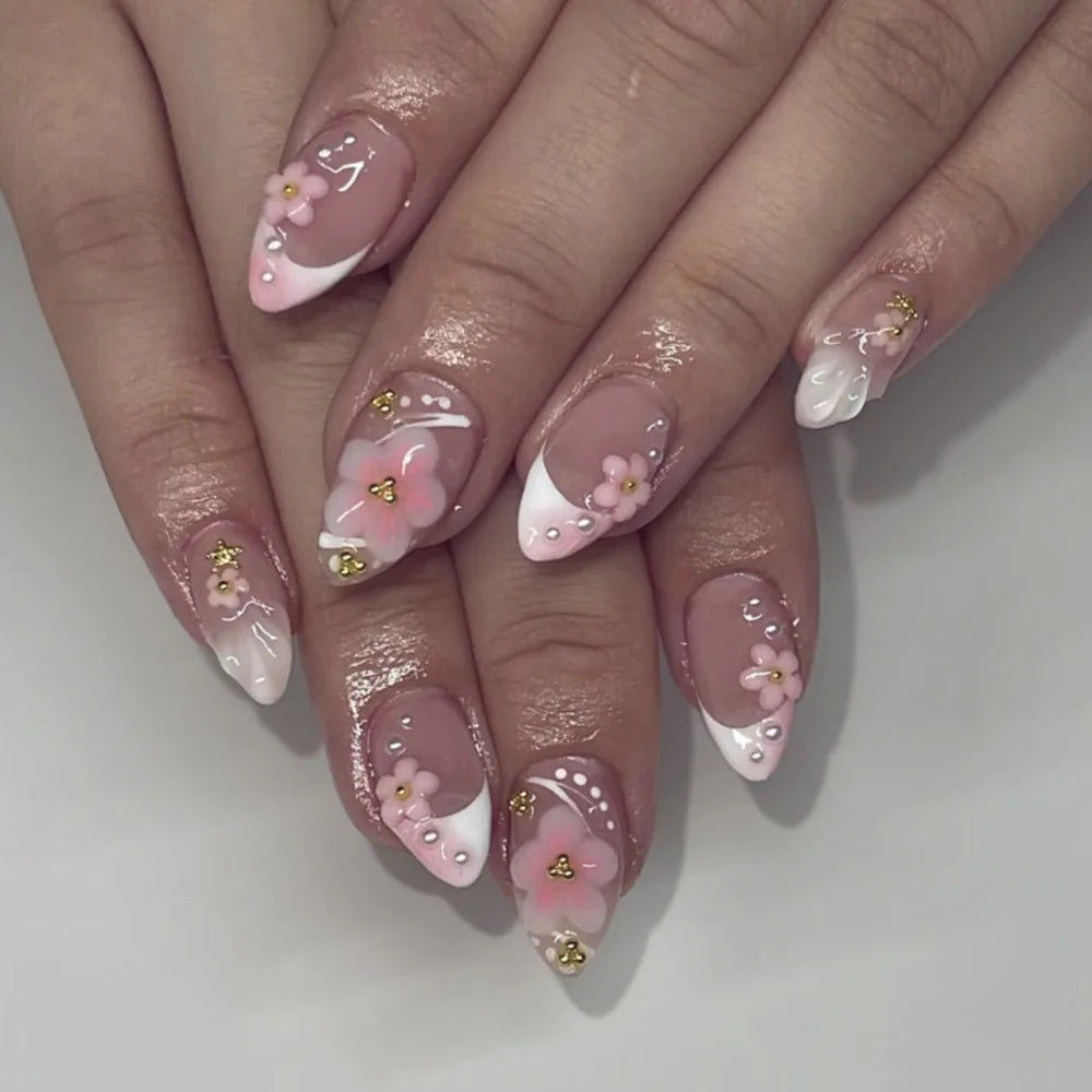 Manicure Long Almond False Nails Flowers Butterfly Aurora Fake French Zpaxo JP3860