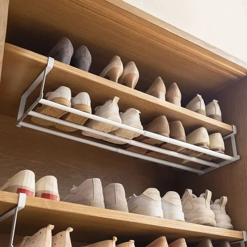 Adjustable Shoe Rack – Layered Organizer with Hanging Basket