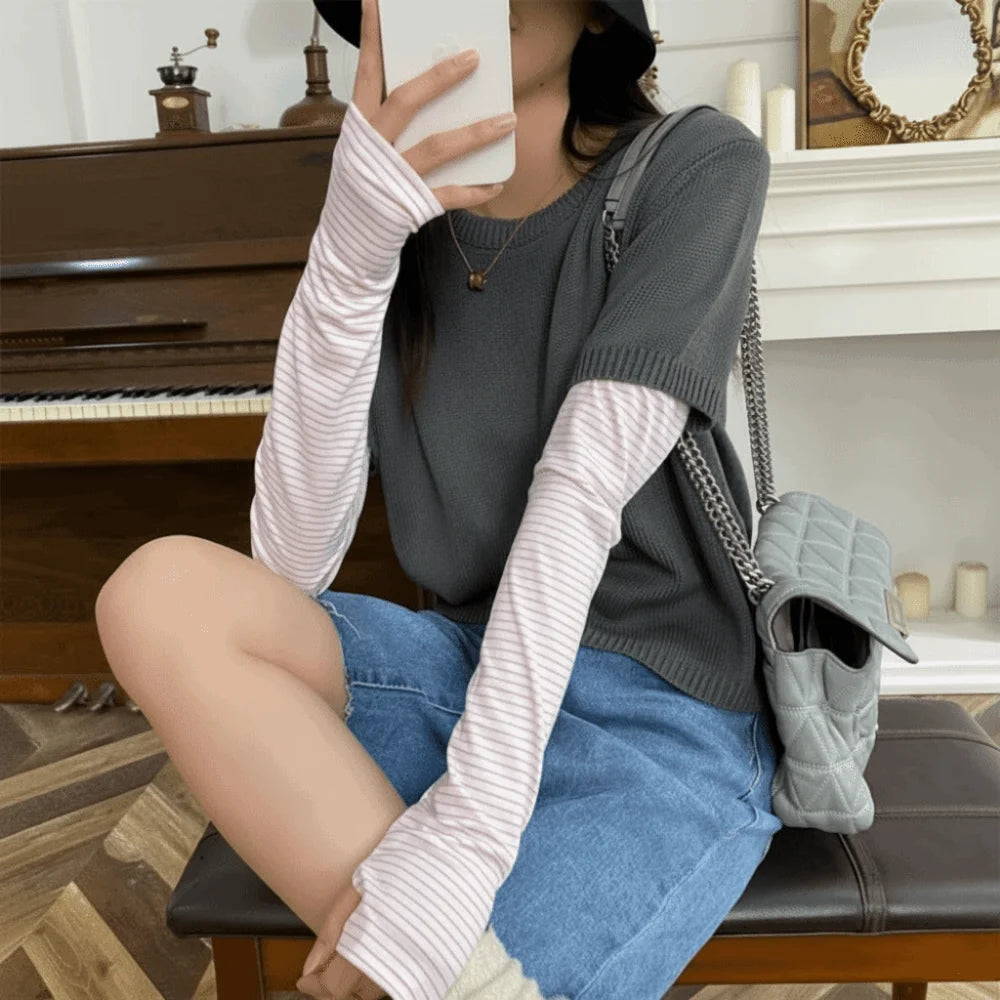1 Pair Retro Sun Protection Sleeves Striped Design UV Protection Ice Silk Sleeves Japanese Style Breathable UV Resistant Sleeves Zpaxo