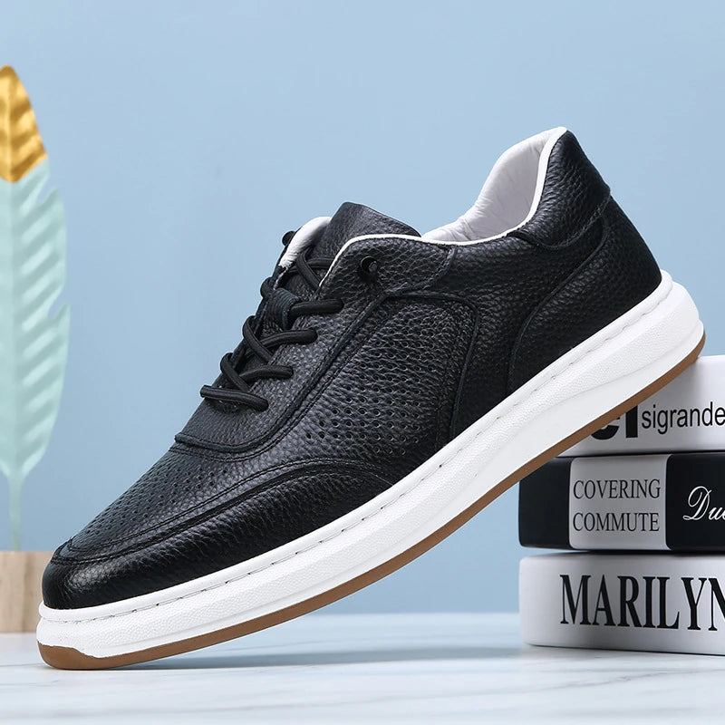 White Breathable Leather Sneakers Casual Lace Up Shoes Perforations Zpaxo