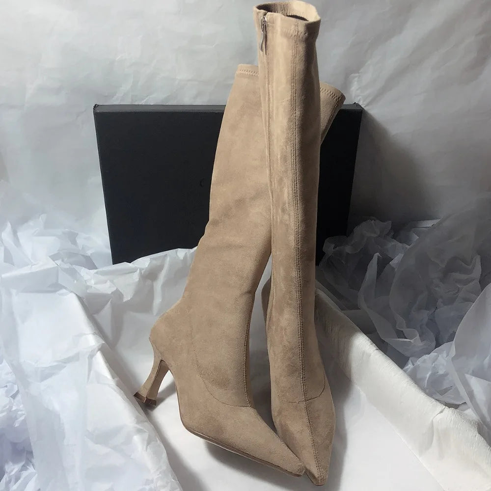 Women Stretch Modern Long Boots Fashion Pointed Toe Knee Booties