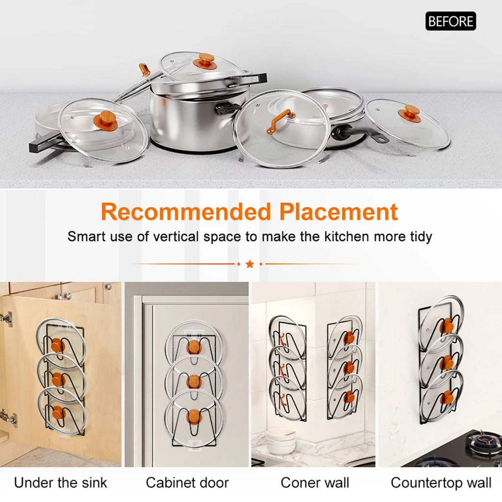 2Pcs Pot Lid Holders Wall Mounted Pot Lid Shelf Heavy-Duty Stand 3Layer Space Saving Pot Lid Rack Multipurpose Storage Organizer Zpaxo