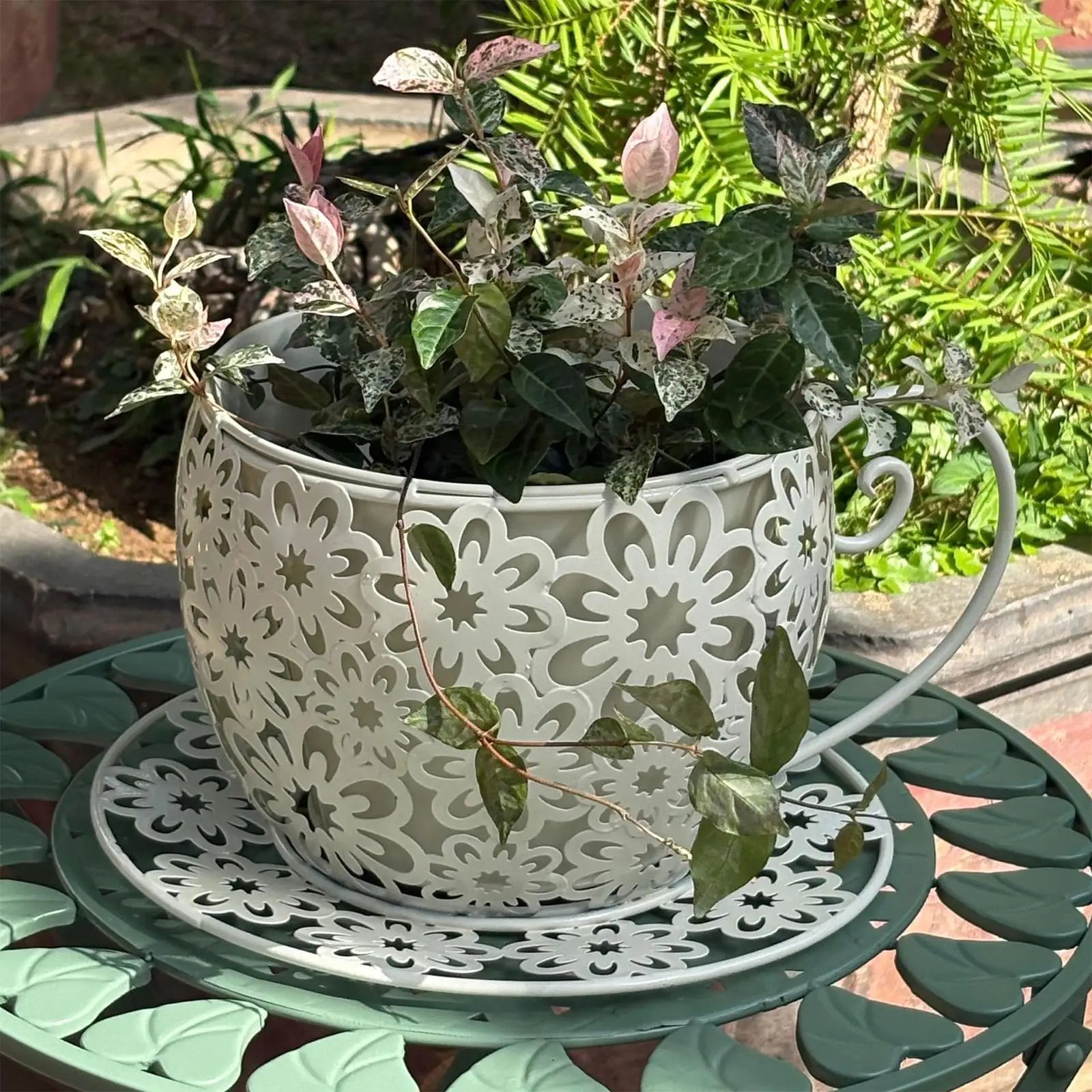 Funny Planter Iron Retro Hollow Teacup Yard Decor Large Garden Pots