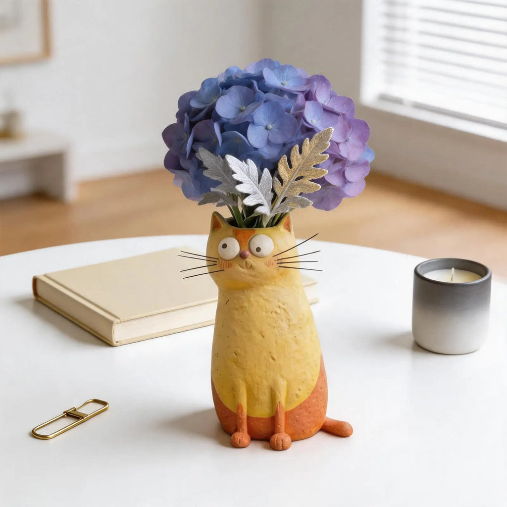 Cat Vase Resin Desk Ornament Whimsical Bookshelf Mantel Entryway