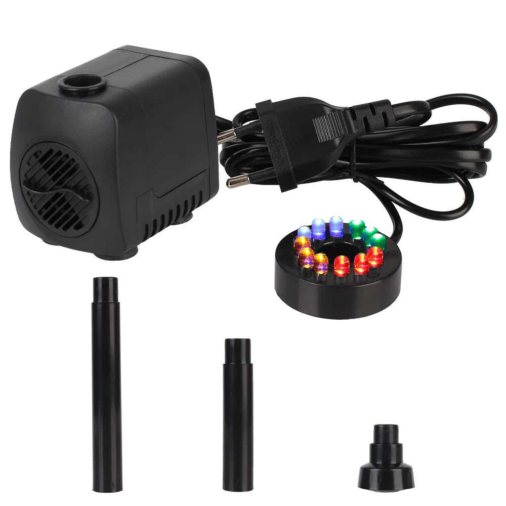 Ultra-quiet Water Pump Garden Aquarium Fountain 15 W Waterproof EU Plug with 12 LED Light Adjustable Zpaxo black