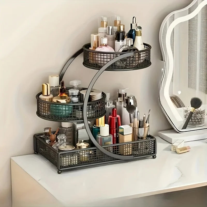 3-Tier Rotating Makeup Shelf - Portable No-Assembly Dressing Table & Bathroom Countertop Storage Rack with Rotating Shelves Zpaxo