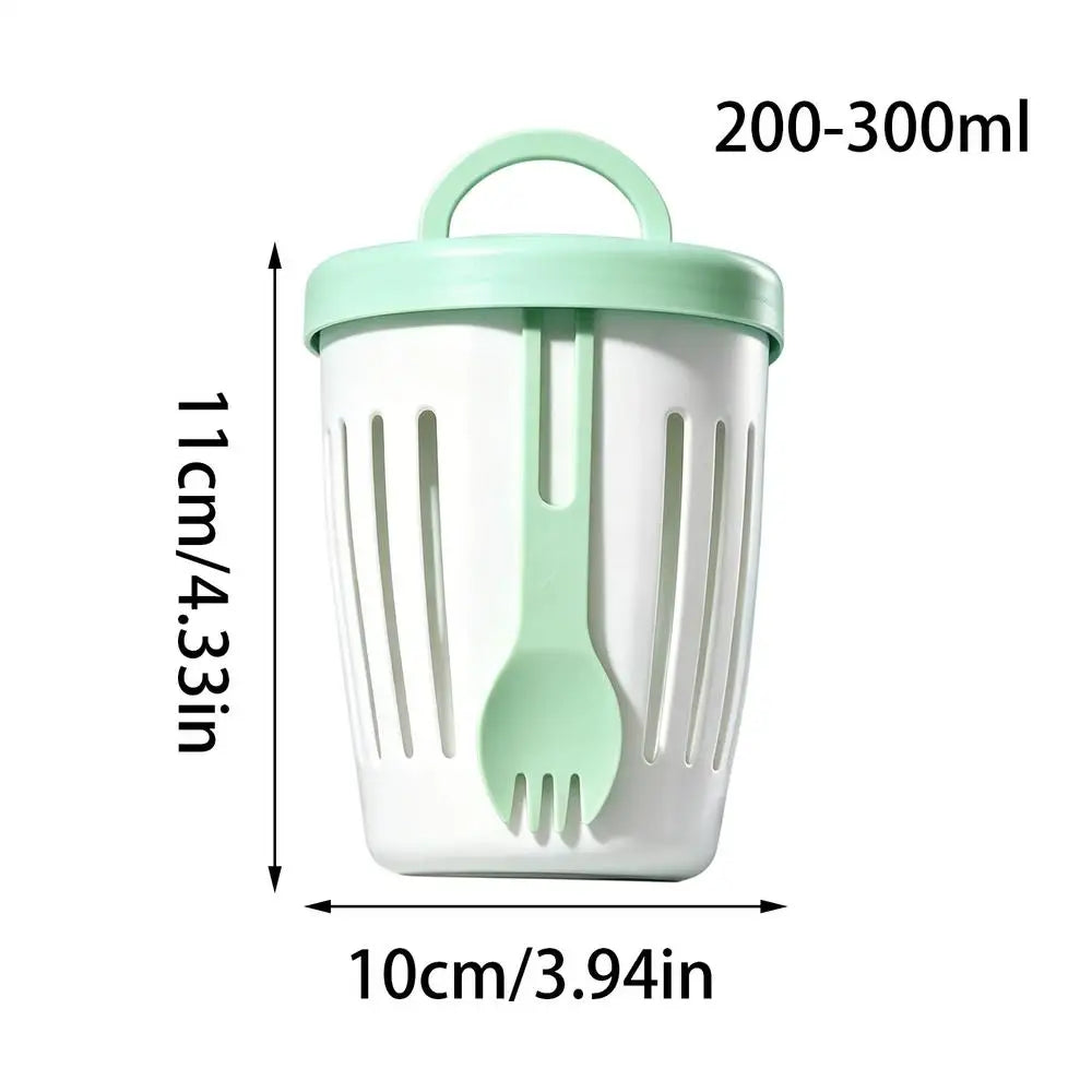 Leak-Proof Yogurt & Salad Cup with Lid, Fork & Drain – 300ml Portable Food Container Zpaxo Green