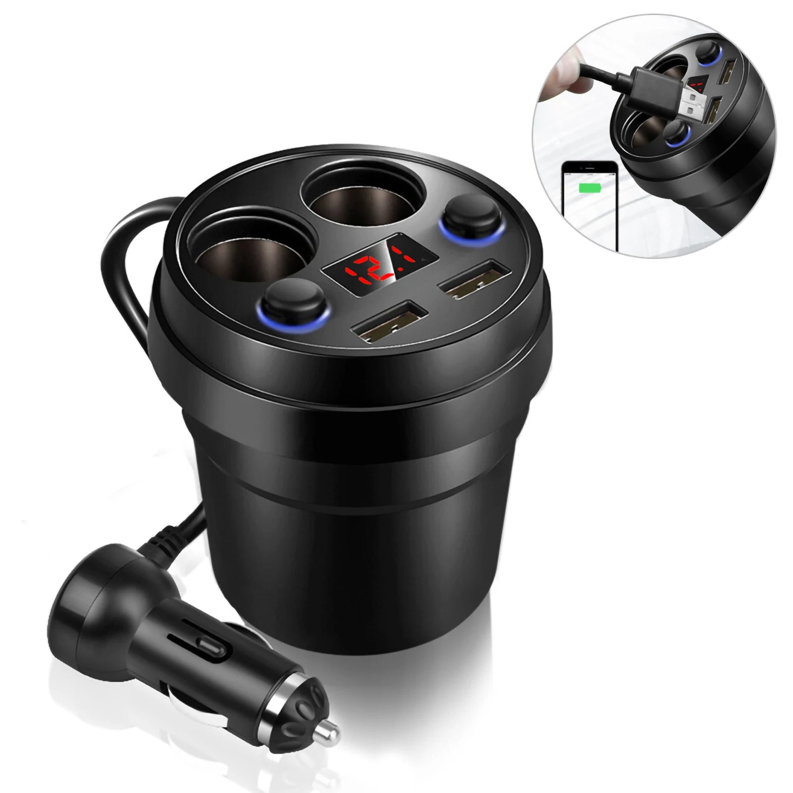 Cup Dual USB Car Charger Wire Multifunction Cigarette Lighter Phone