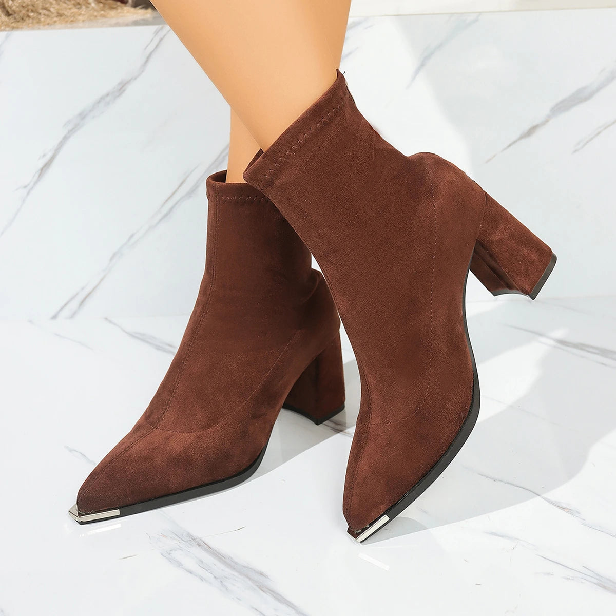 Women Short Boots 2025 New Classic Autumn Winter Shoes Female Thick Heel Pointed Toe Women Shoes Fashion Slimming Ankle Booties Zpaxo Brown 41