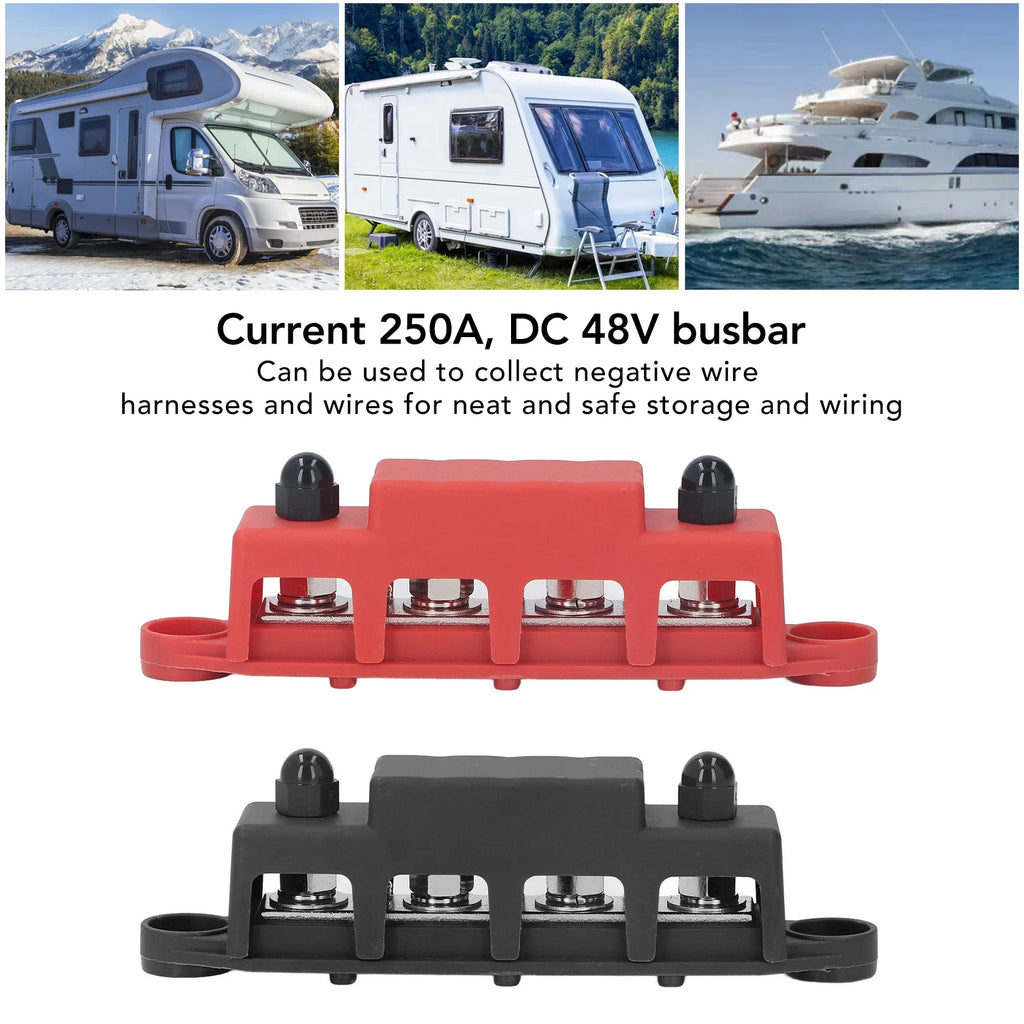 2-piece 4-Position M8 Bus Bar Red Black 48VDC 250A Perfect RV Yacht