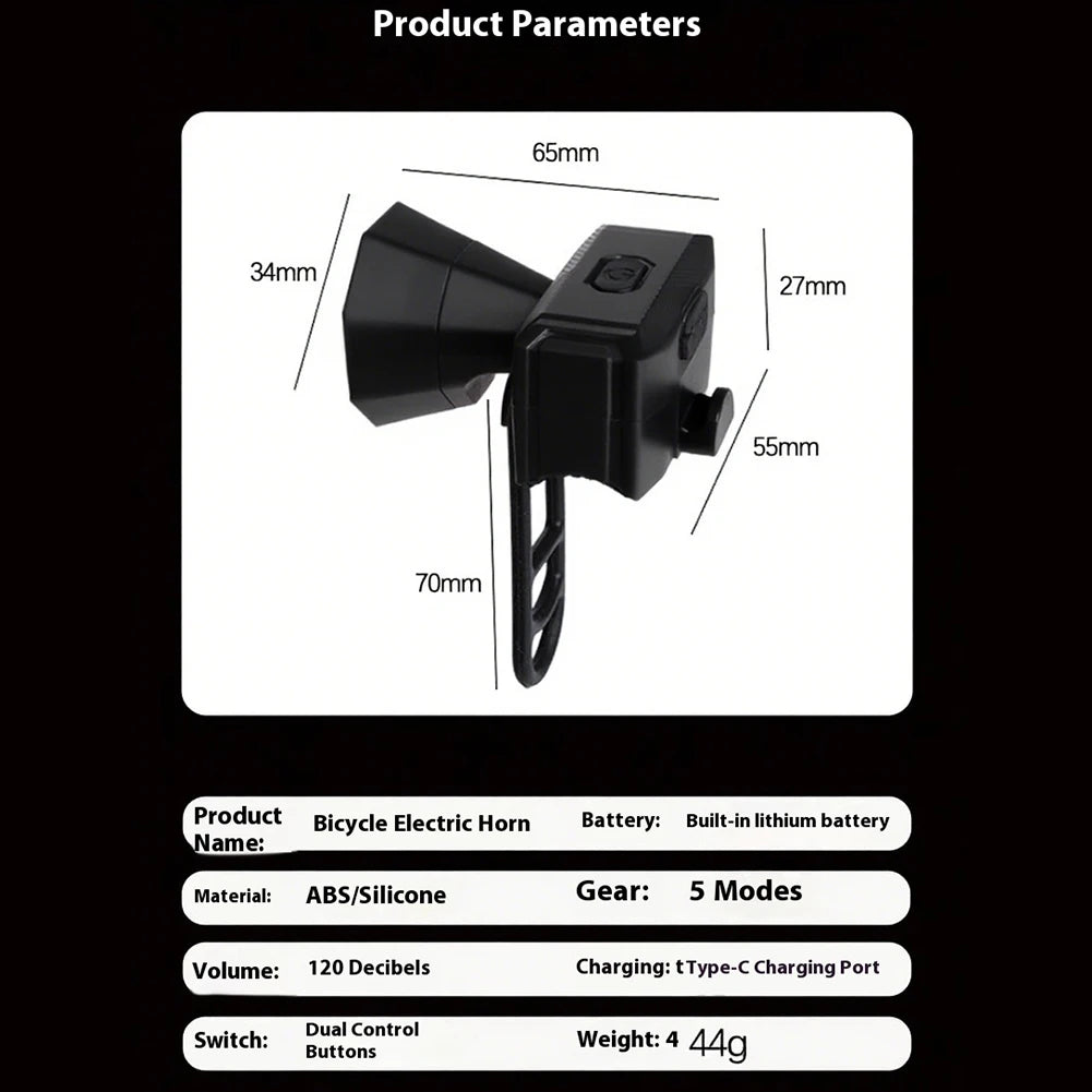 Electric Bike Horn 5 Modes Bell Waterproof Bicycle Rechargeable Alert
