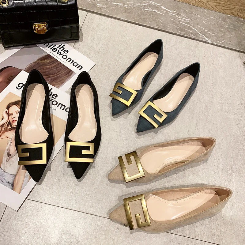 Flat Shoes for Women 2023 New Autumn Spring Pointed Toe Black Metal Buckle Retro Ladies Shoes Loafers Large Size 43 44 45 46 Zpaxo