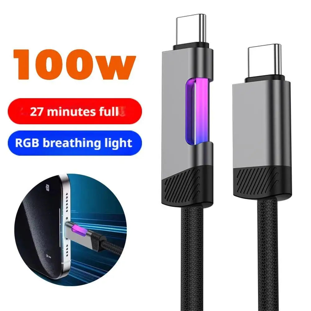 100W PD RGB Breathing Light USB C to C Cable Super Fast Charging Data Cord 1M 2M Anti Break For iPhone Huawei Samsung Xiaomi Zpaxo