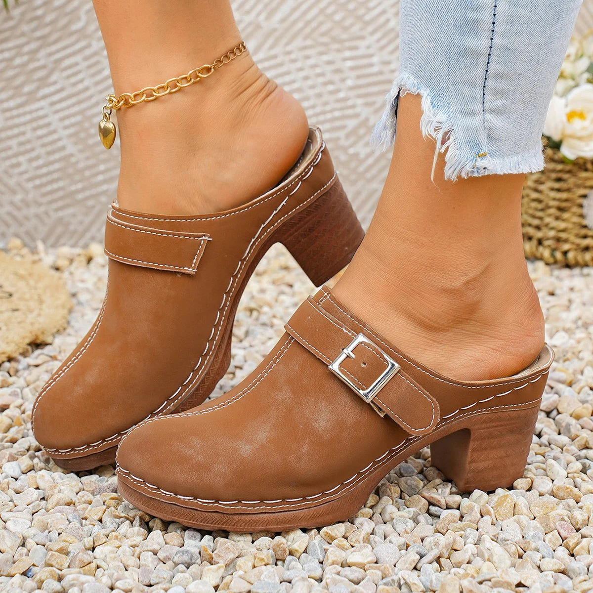 Women Sandals 2026 Summer Heels Open Toe Chunky Slippers Female Zpaxo Brown 43
