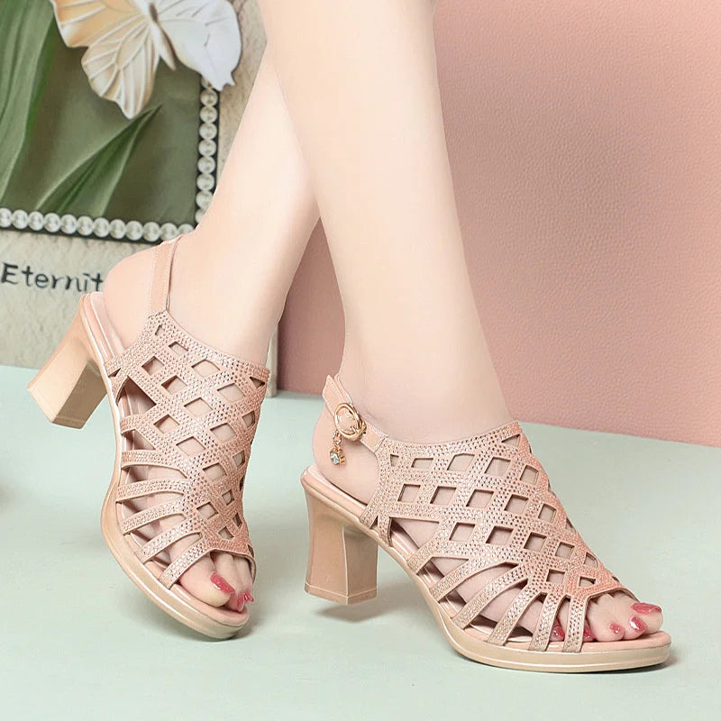 Soft Leather Hollow Heel Comfortable Roman Sandals Summer Breathable Zpaxo MYQ1226 Gold 38 China Mainland