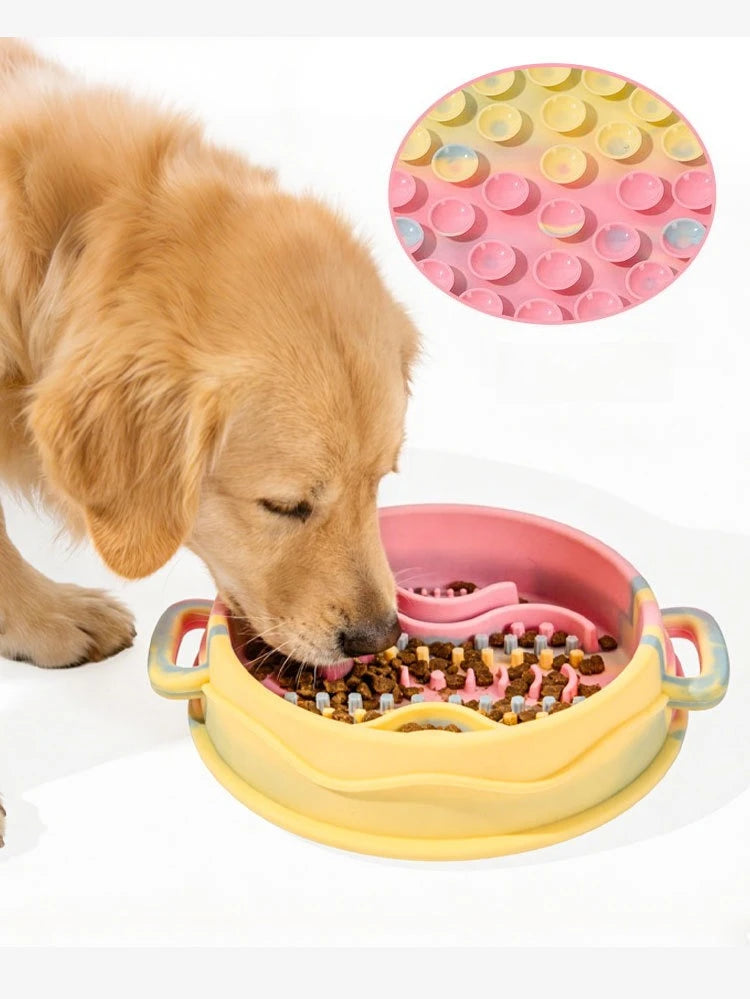 Pet colored single bowl double ear handle silicone slow food bowl small dog large dog rice bowl food bowl dog bowl Zpaxo
