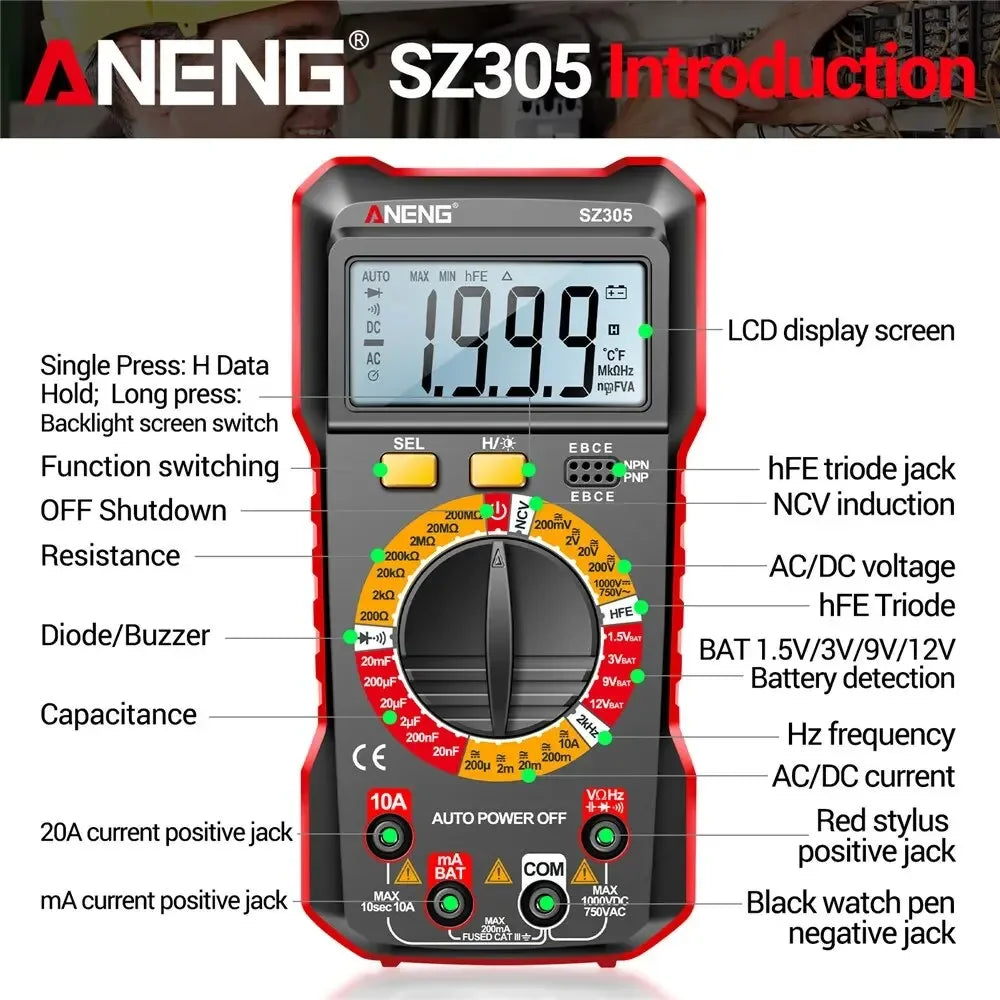 Precision Tester NCV AC DC Digital Multimete ANENG SZ305 True RMS