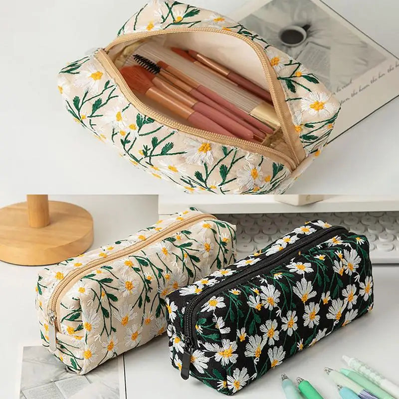 Floral Embroidery Canvas Cosmetic Bag – Travel Makeup Organizer