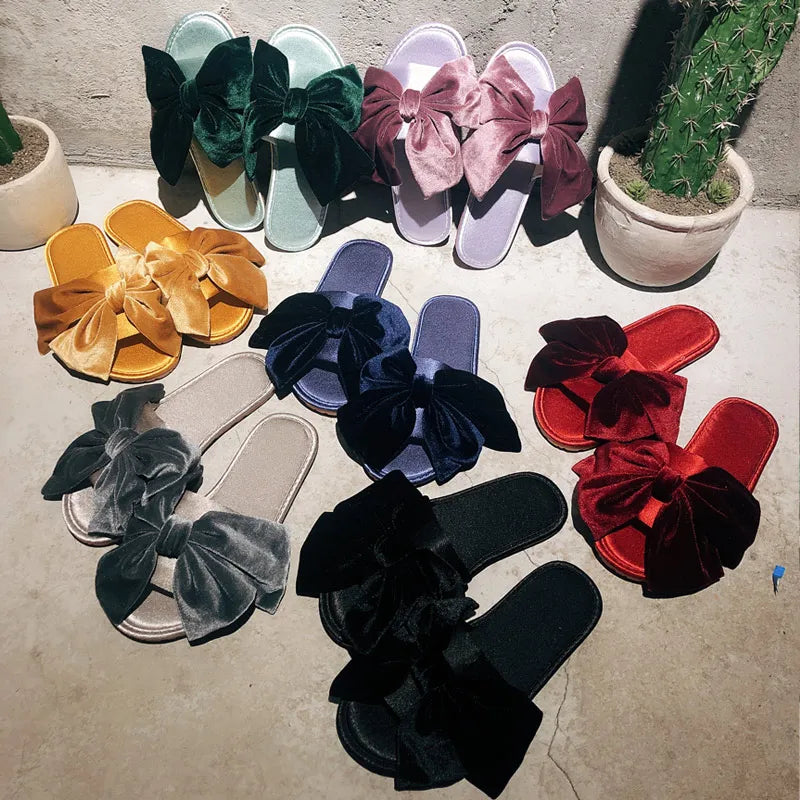 Slippers for Women 2025 Summer Velvet Bow Silk Slippers Comfortable At Home Soft Bottom Anti Slip Cool Slippers for Women Zpaxo