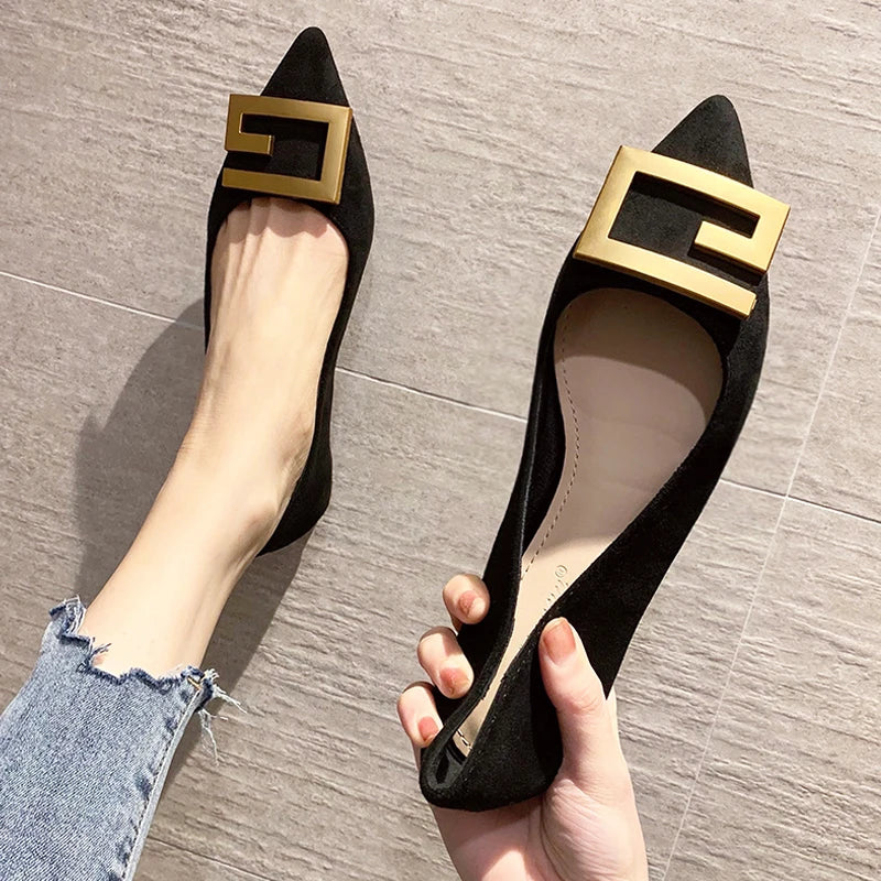 Flat Shoes for Women 2023 New Autumn Spring Pointed Toe Black Metal Buckle Retro Ladies Shoes Loafers Large Size 43 44 45 46 Zpaxo