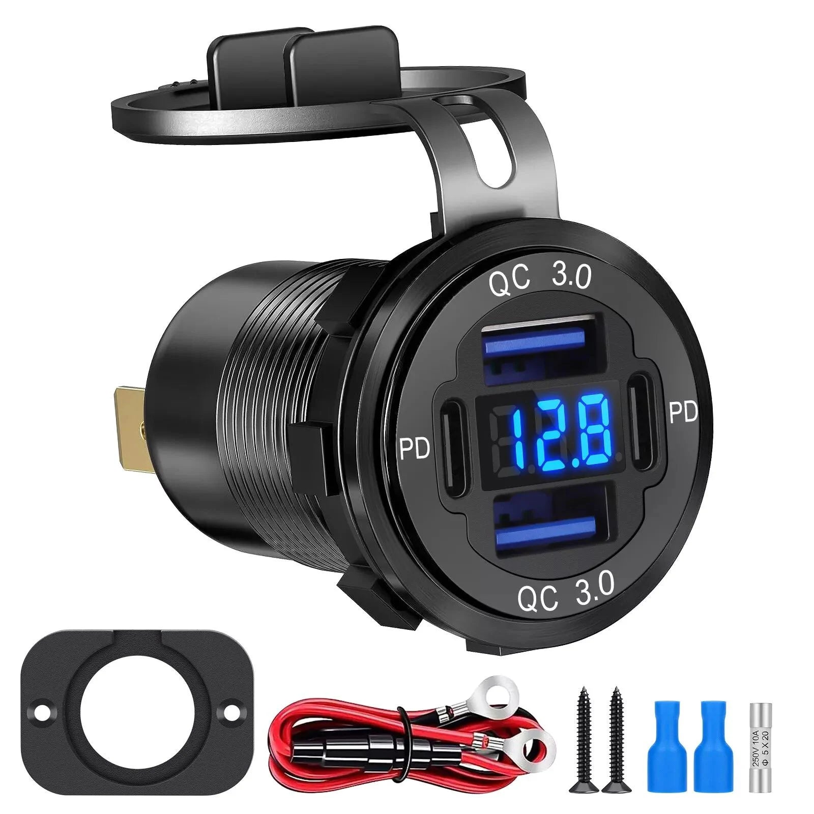 4 Ports Dual PD Port QC 3 0 USB Car Charger Voltmeter Socket Power