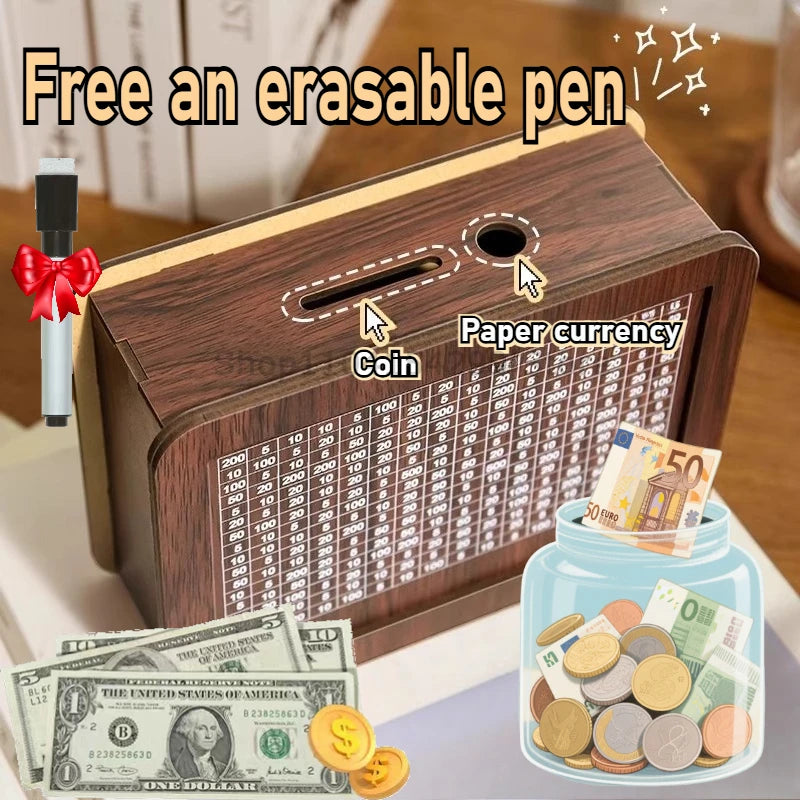 Wooden Piggy Banks, Dollar Cash Boxes, Reusable Assembled Cash Boxes, Home Decorations, with Savings Goals and Figures Zpaxo