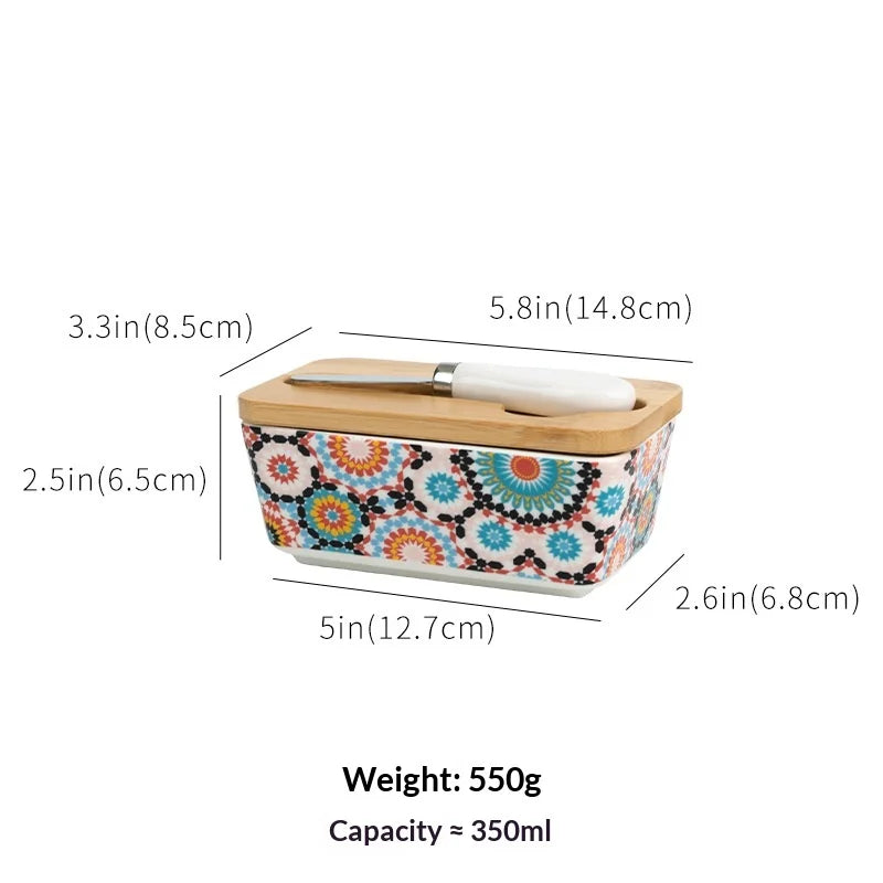 350ML Rural Style Ceramic Butter Box with Knife and Cover, American Household Cross-border Cheese Kitchen Storage Box Zpaxo Flower B
