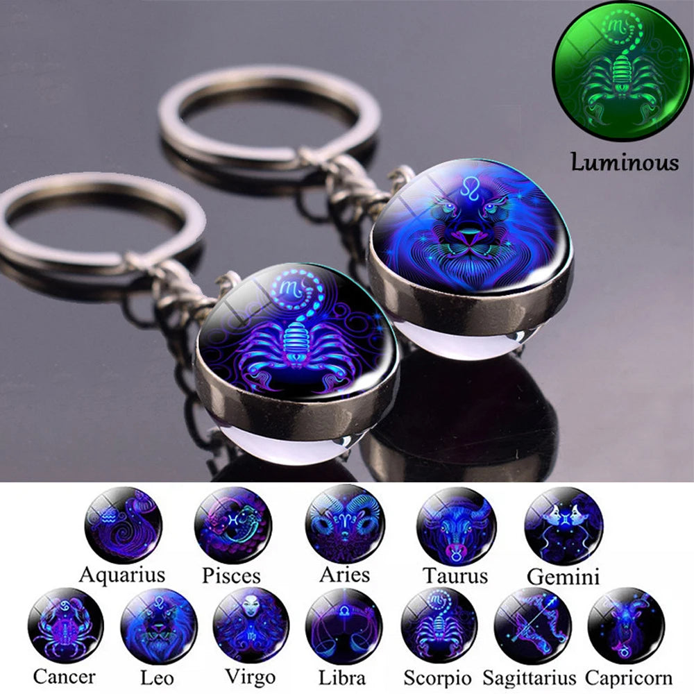 Birthday Gift Jewelry Luminous Double Side For Women Scorpio 12 Constellation Zodiac Keychain Glass Ball Keychain Key Rings Zpaxo