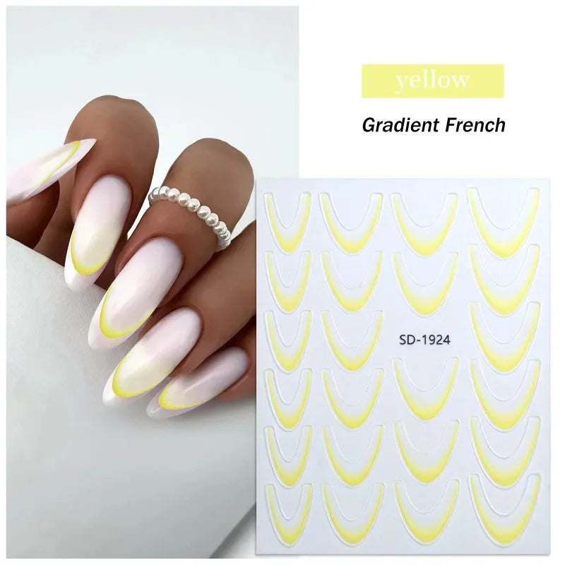 French Gradient Line Nail Art Stickers 3D Self-Adhesive White+Black Slider Design Nail Tip Stencil Manicure Guide DIY Nail Decor Zpaxo 02 Yellow