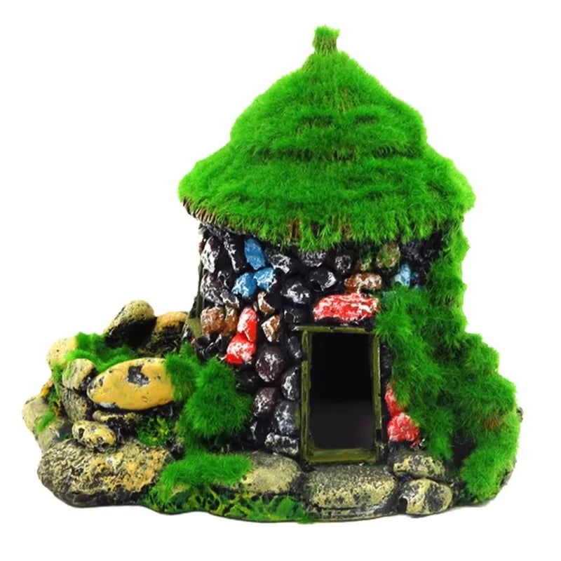 Aquarium Decoration House Resin Betta Cave Realistic Green Moss Fish