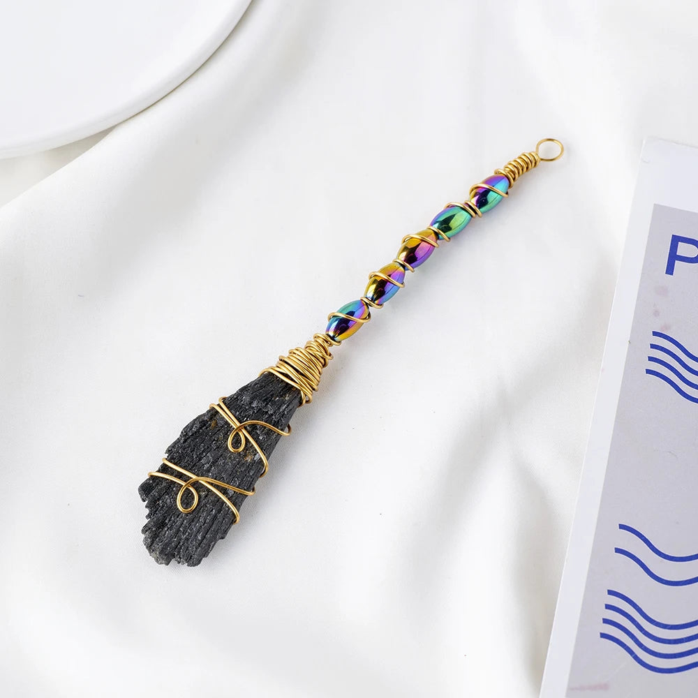 Natural Crystal Broom Black Tourmaline Aura Blaze Blue Feather Shape DIY Sweeper Witchcraft Ornaments Zpaxo BLACK BROOM
