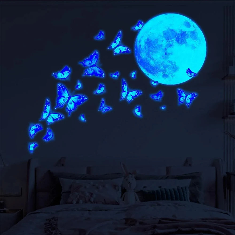 4Pcs/Set Moon & Butterfly Glow In The Dark Wall Sticker Bedroom Home Wall Decoration Zpaxo