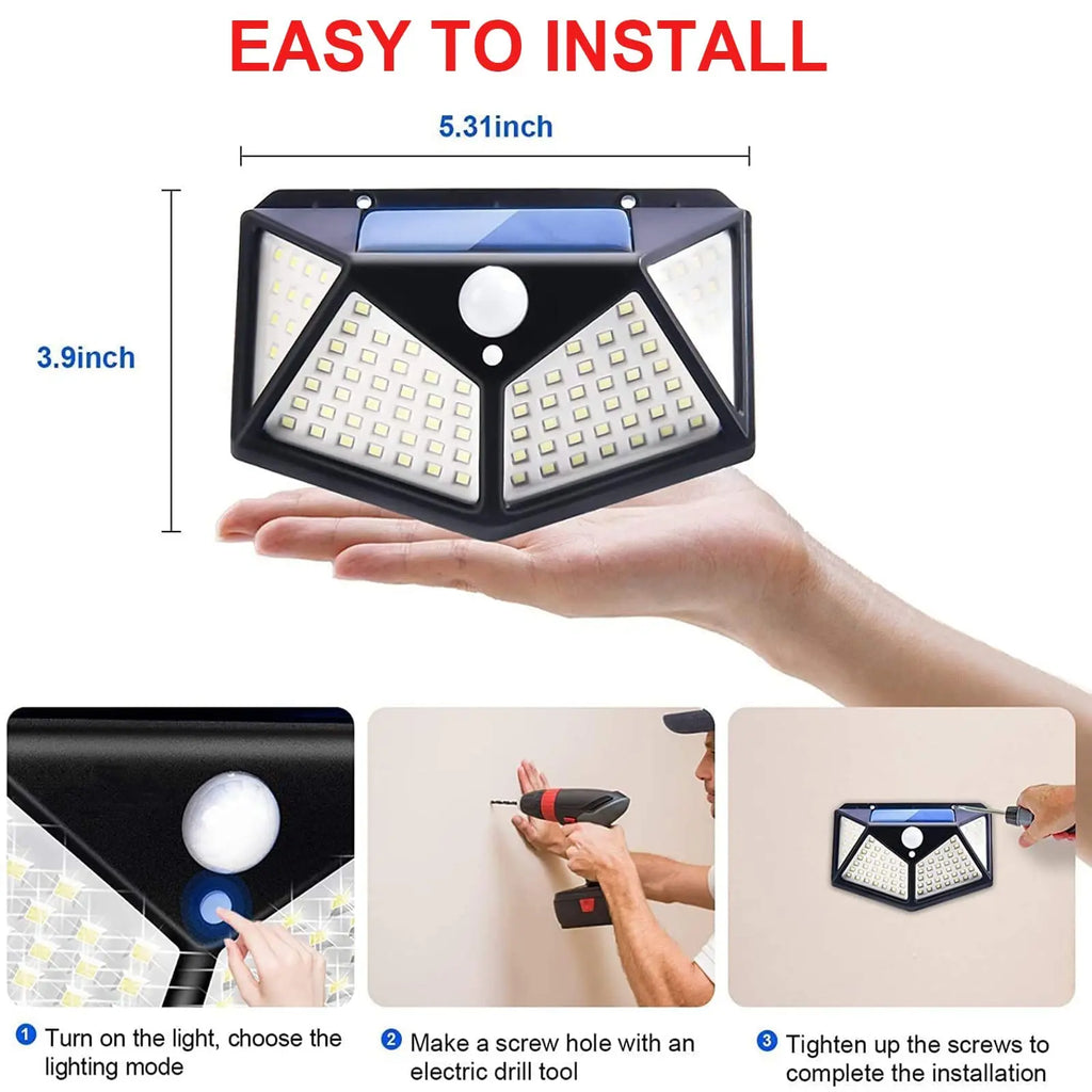 Solar Powered 100 LED Motion Sensor Wall Light, Waterproof Outdoor Security Lamp for Garden, Fence, Yard, Pathway Decoration Zpaxo
