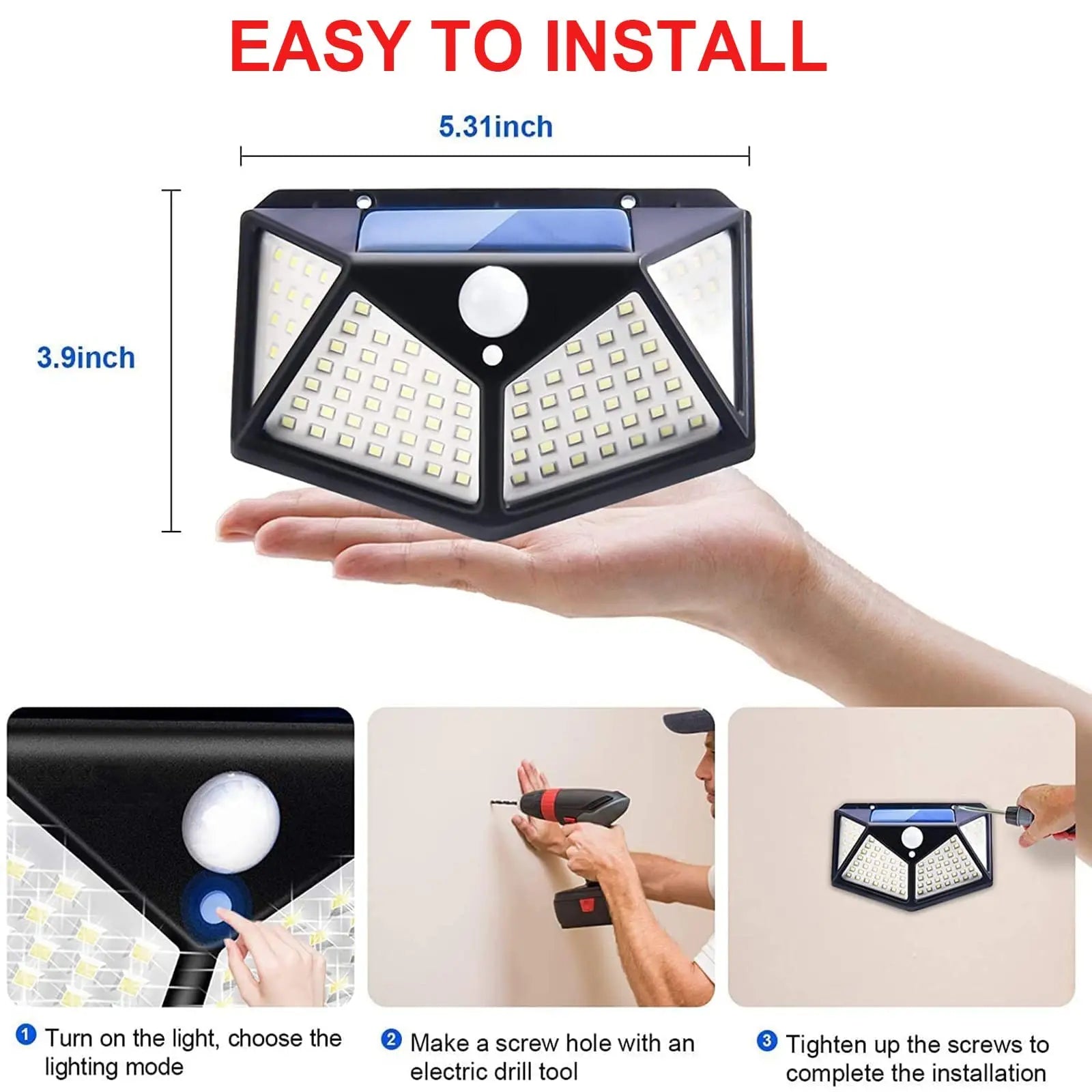 Solar Powered 100 LED Motion Sensor Wall Light, Waterproof Outdoor Security Lamp for Garden, Fence, Yard, Pathway Decoration Zpaxo