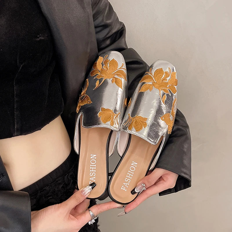 Women's Sandals Embroidered Love Metal Buckle Casual Fashion