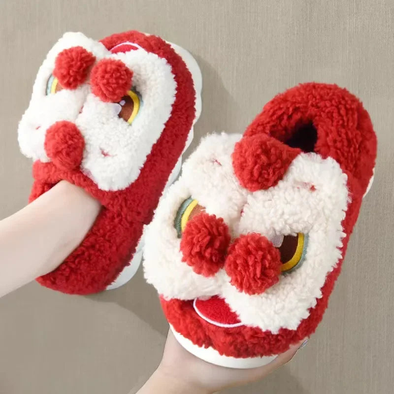 SHAJI Unisex Cute Lion Dance Plush Slippers Winter Warm Fluffy Zpaxo Red-Low 40-41