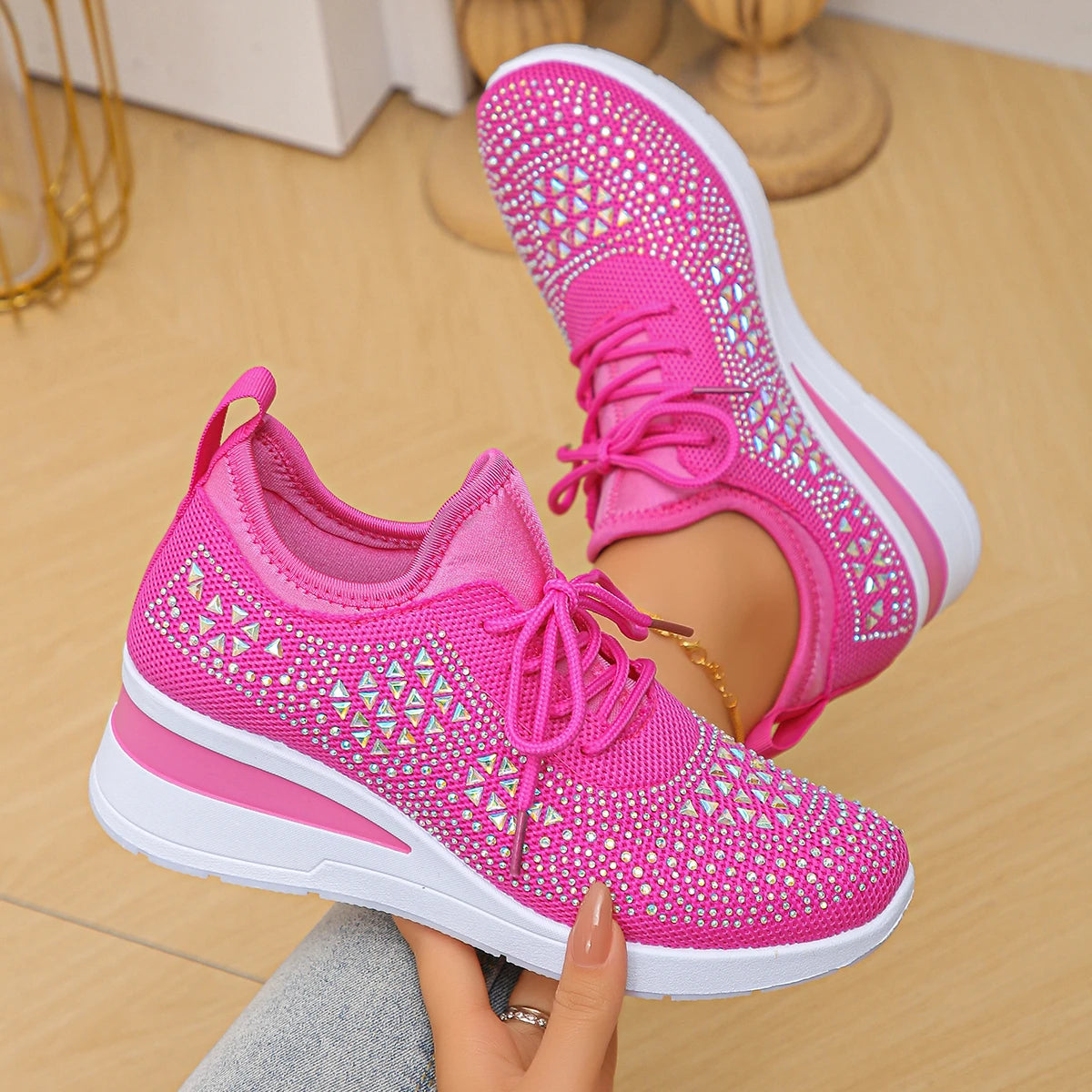 Women's Shiny Rhinestone Wedge Sneakers Breathable Knit Non Slip Zpaxo 41 image color 3