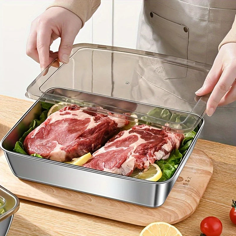 Stainless Steel Food Storage Container Rectangle Dish with Cover Noodles Fruit Tray Lunch Box Thick Refrigerator Organizer Plate Zpaxo