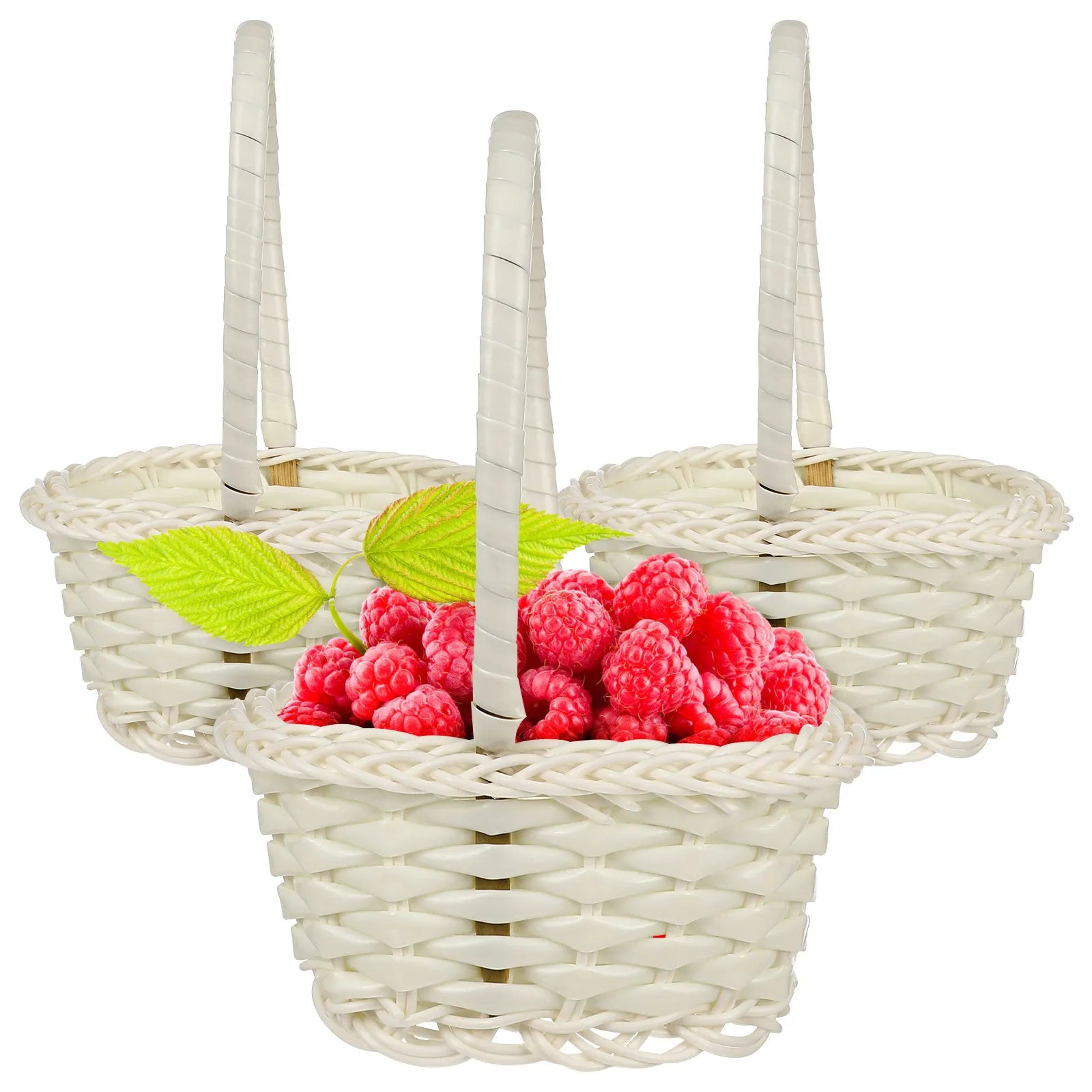 Woven Rattan Basket Round Handheld Storage Long Handle Picnic Flower