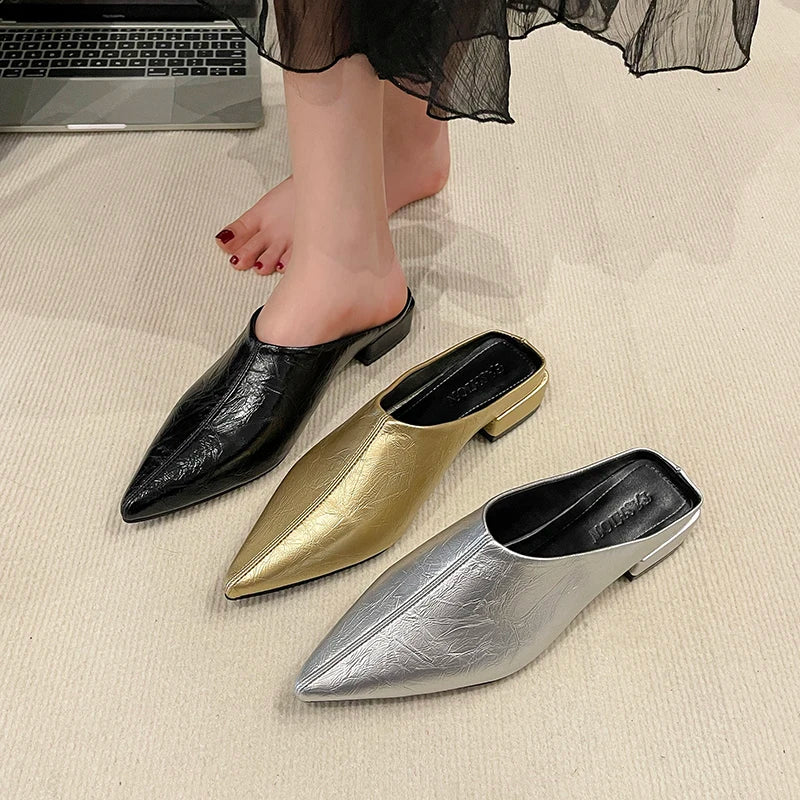 Fashion Pointed Toe Women Flats Slippers Mules Shoes 2026 Luxury
