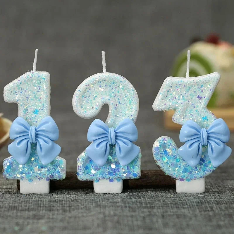 Blue Bow Glitter Number Birthday Candles Baby's First Cake