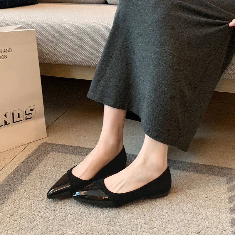 Womens Black Beige Two Tone Pointed Toe Ballet Flats Patent Leather Zpaxo