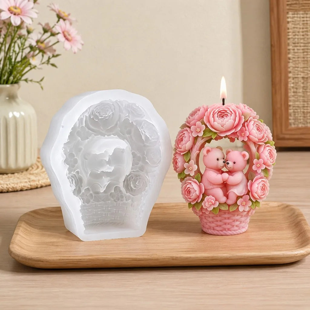 3D Hugging Bears Flower Basket Silicone Mold | Candle & Soap Craft Silicone Mold Zpaxo