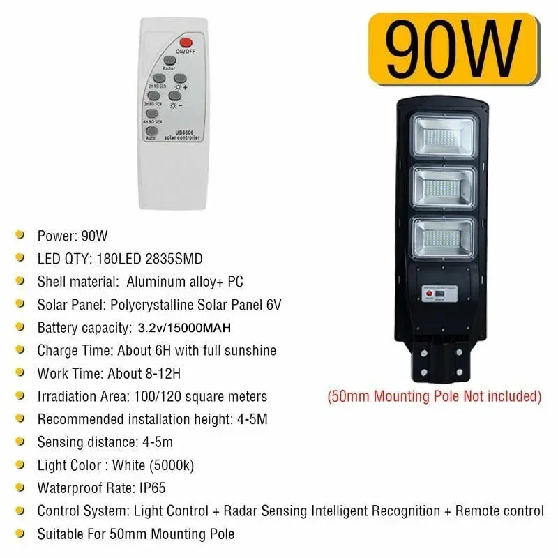 Solar Street Lamp with Radar Motion Sensor, Waterproof, IP67, Wall, Outdoor, Landscape, Garden, Road Light with Pole, 90W Zpaxo 90W with pole 15W China Mainland