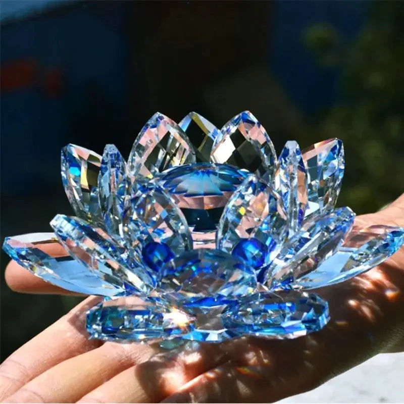 Crystal Lotus Flower Ornament Hand Cut Clear Glass Decor Feng Shui