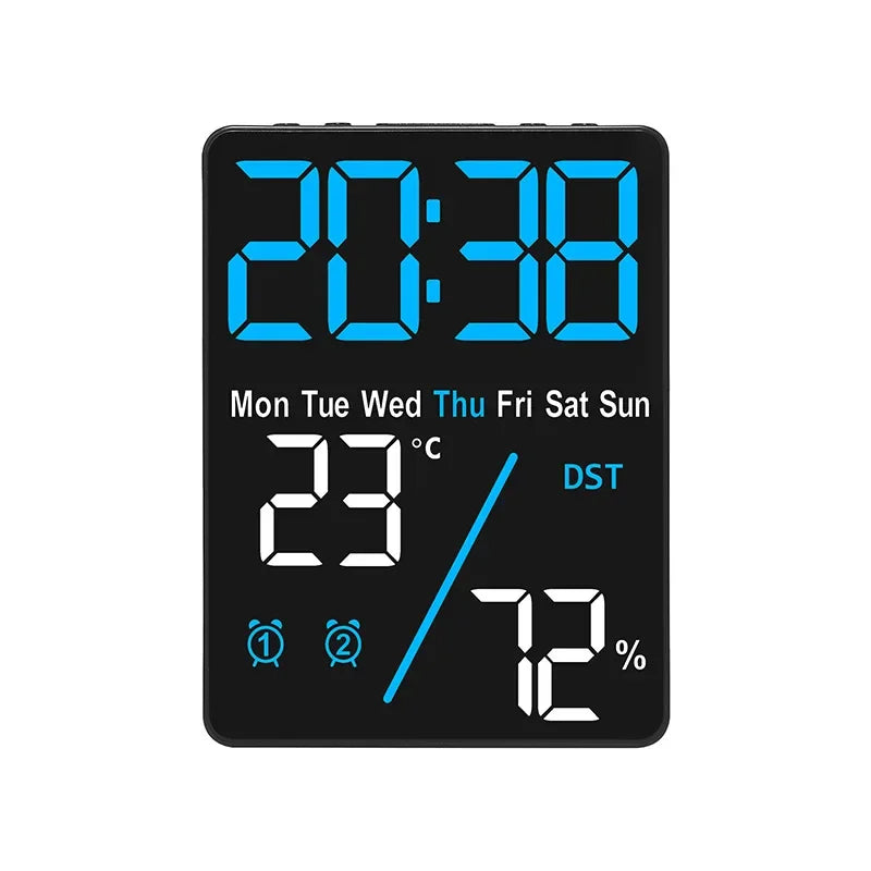 Digital Alarm Clock Desktop 3-Level Brightness Dimmable Led Electronic Wall Clock Temperature and Humidity Display Table Clock Zpaxo Blue