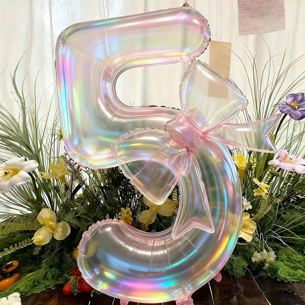 Number 0-9 Foil Balloons Large Iridescent Transparent 24-inch Bow