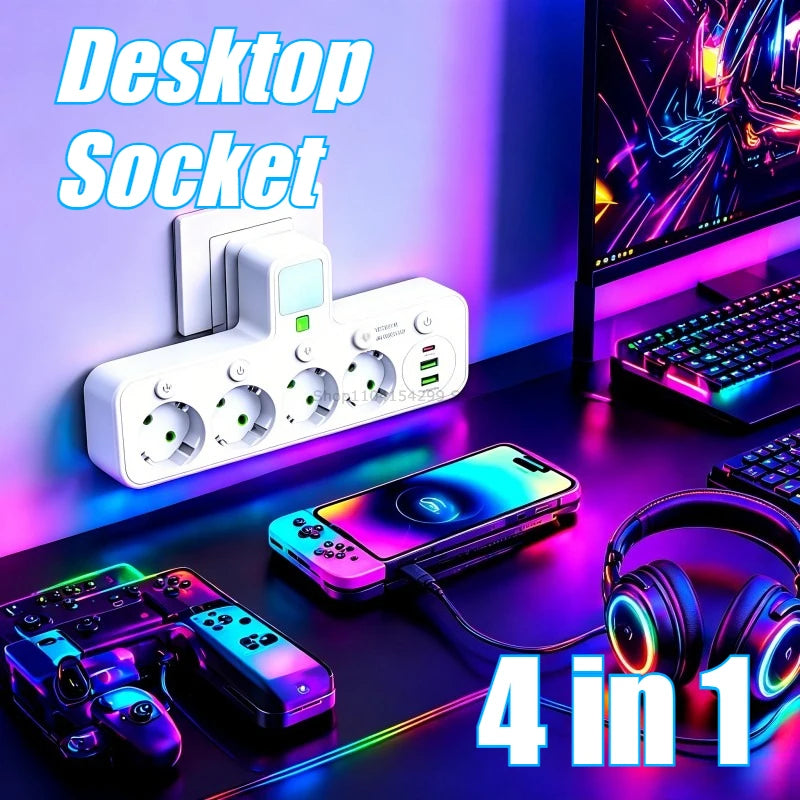 Socket Power Strip Eu with USB Ports Power Strip Multi Plug with 4 Plug 3 USB Port Compatible with Travel Home Smart Zpaxo 2-Black