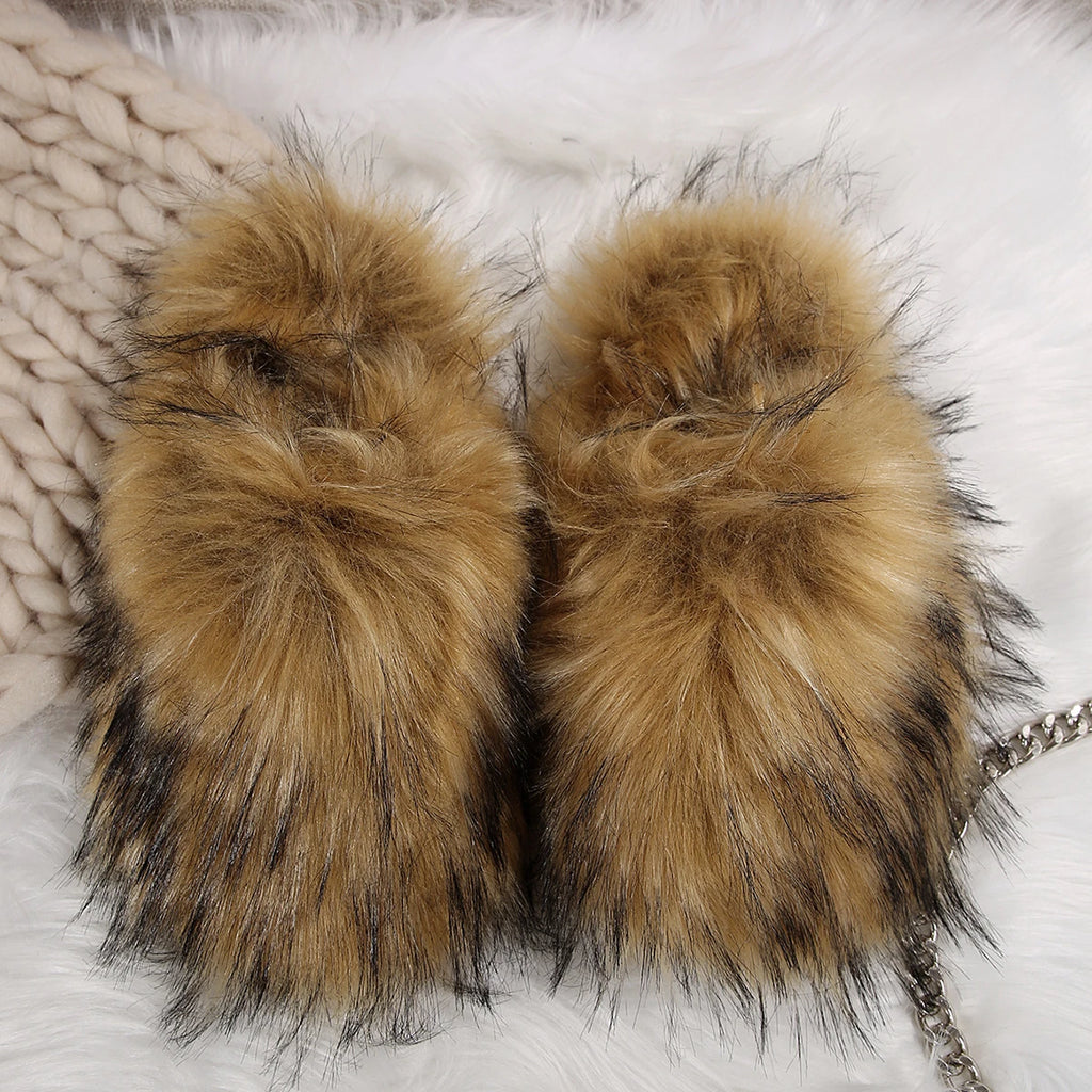Fashion Warm Slippers Luxury Women Open Toe Raccoon Fur Slides Woman Zpaxo